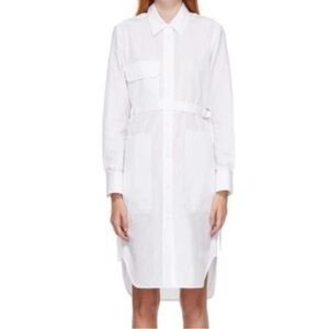 Helmut Lang White Long-Sleeve Shirt Dress with Belt